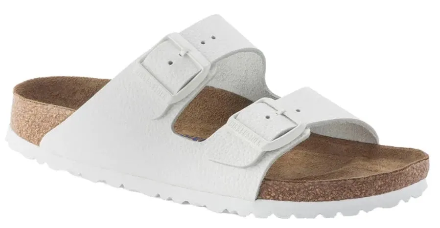 BIRKENSTOCK Arizona White Pebble Leather Slides with White Buckle