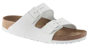 BIRKENSTOCK Arizona White Pebble Leather Slides with White Buckle