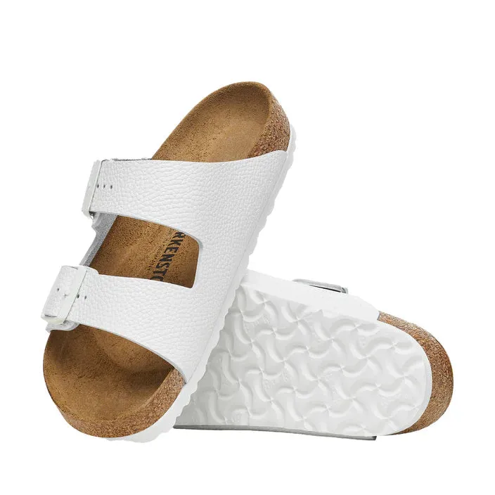 BIRKENSTOCK Arizona White Pebble Leather Slides with White Buckle