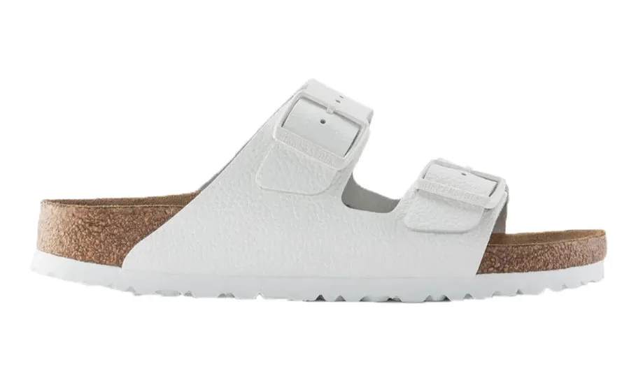 BIRKENSTOCK Arizona White Pebble Leather Slides with White Buckle