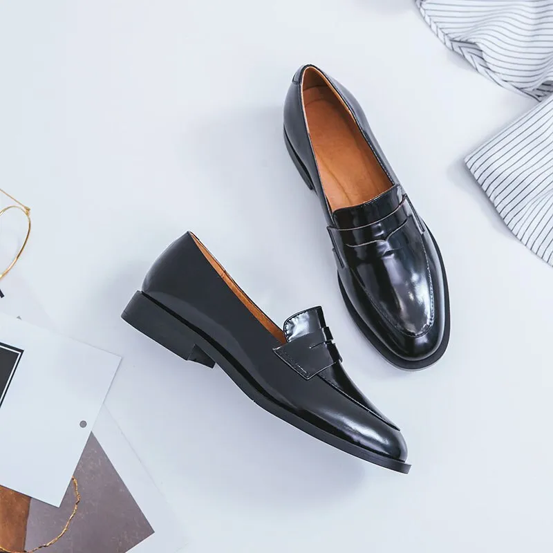 Bjlxn ladies Leather shoes British style plus size 22-26.5cm women pumps loafers lazy shoes womens platform heels black shoes