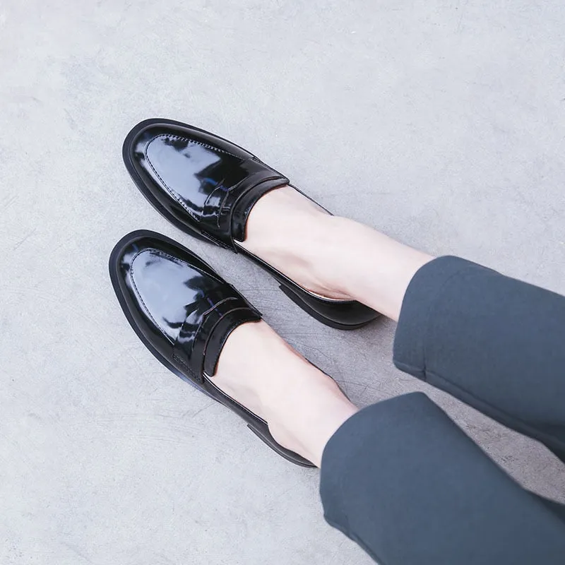 Bjlxn ladies Leather shoes British style plus size 22-26.5cm women pumps loafers lazy shoes womens platform heels black shoes
