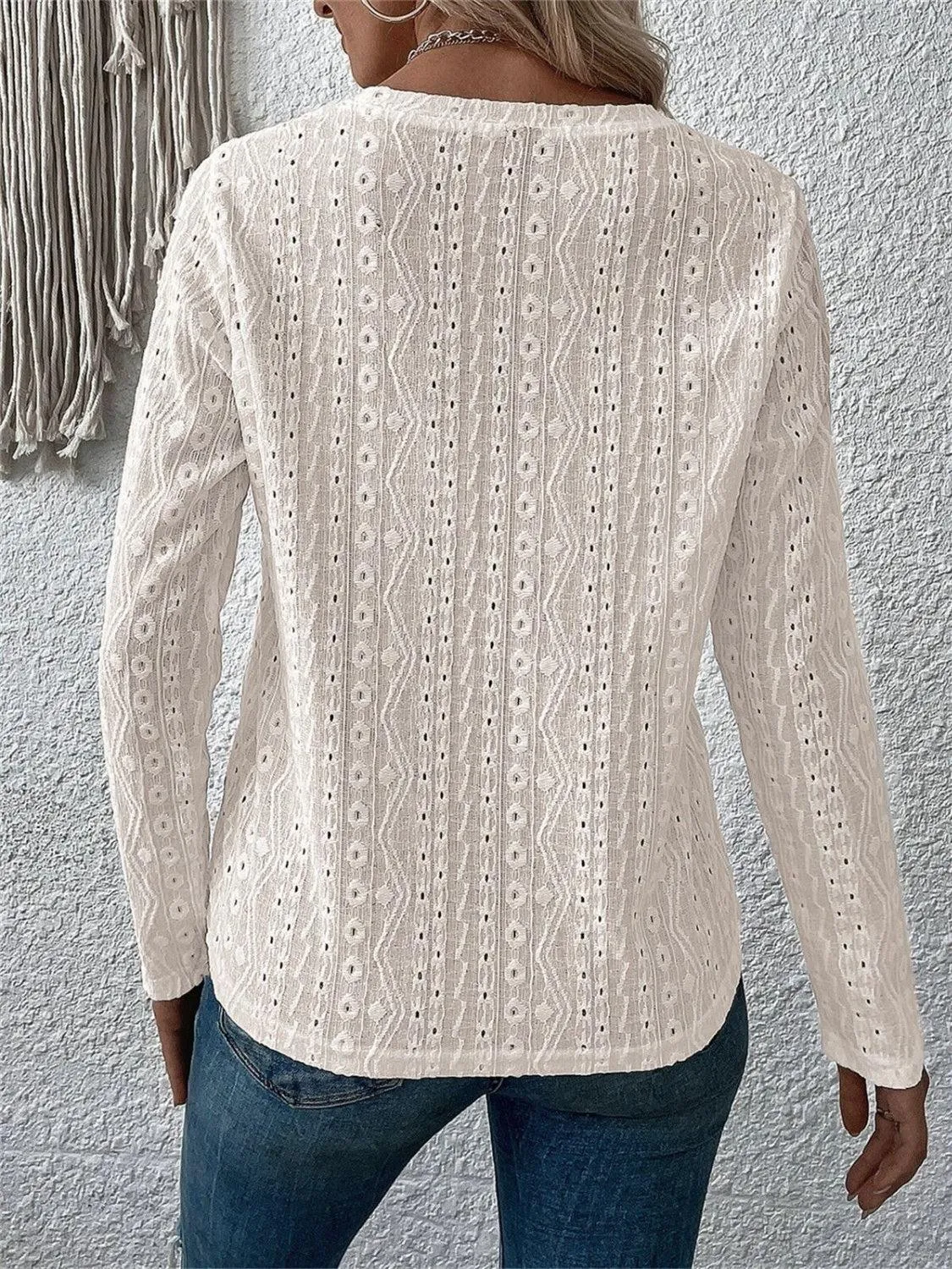 Calm And Comfy Crew Neck Eyelet Long Sleeve Top