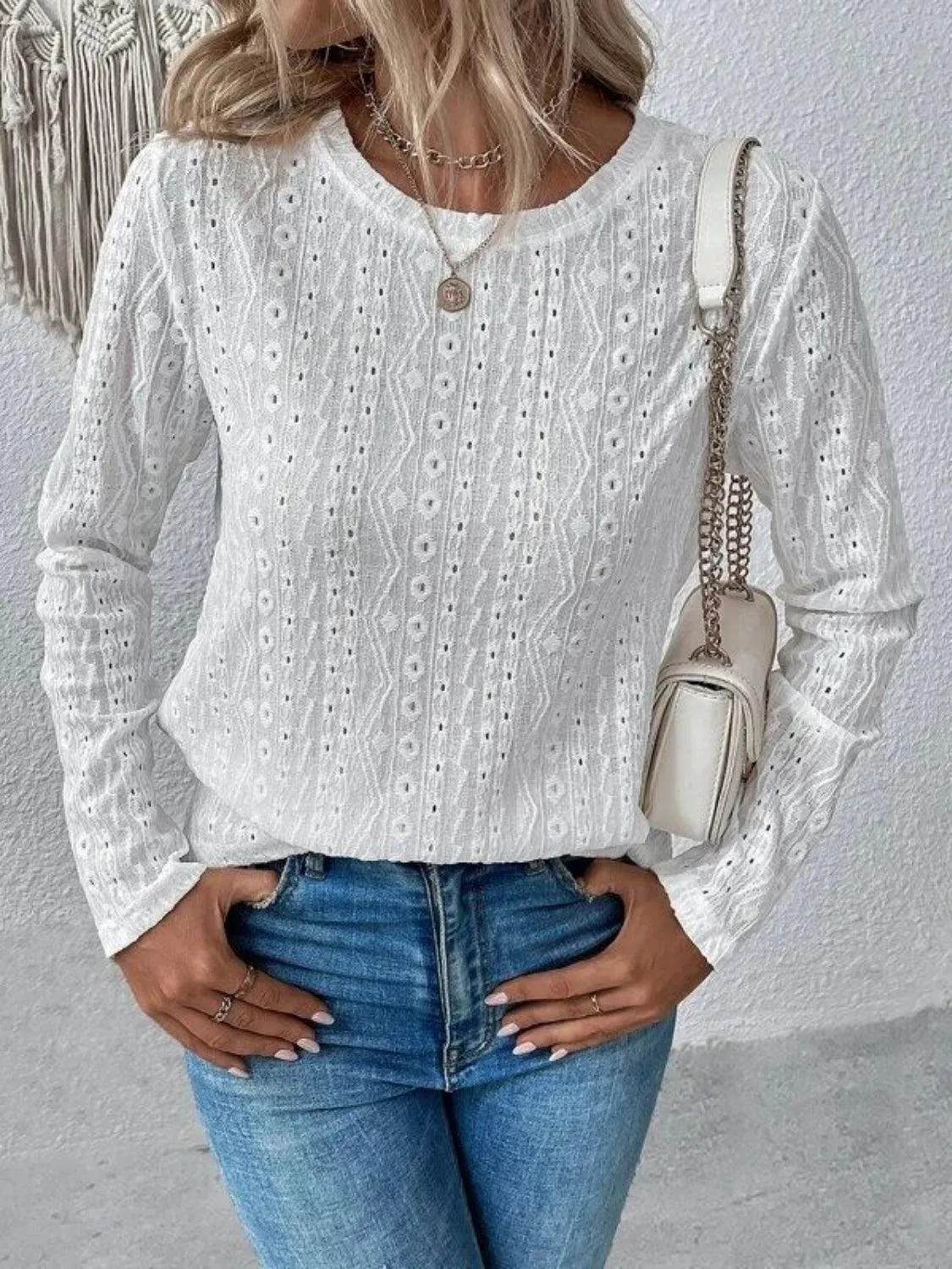 Calm And Comfy Crew Neck Eyelet Long Sleeve Top