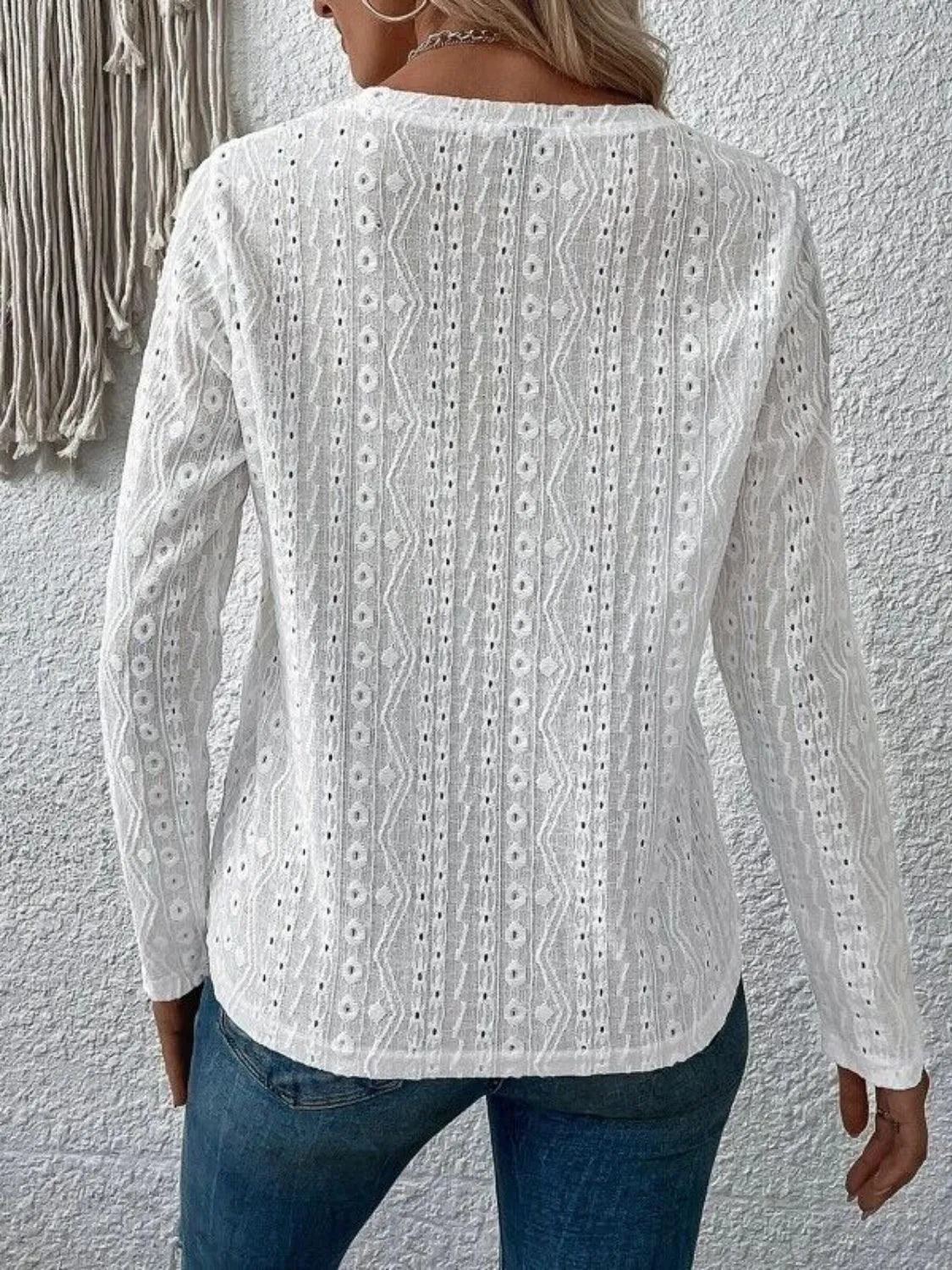 Calm And Comfy Crew Neck Eyelet Long Sleeve Top