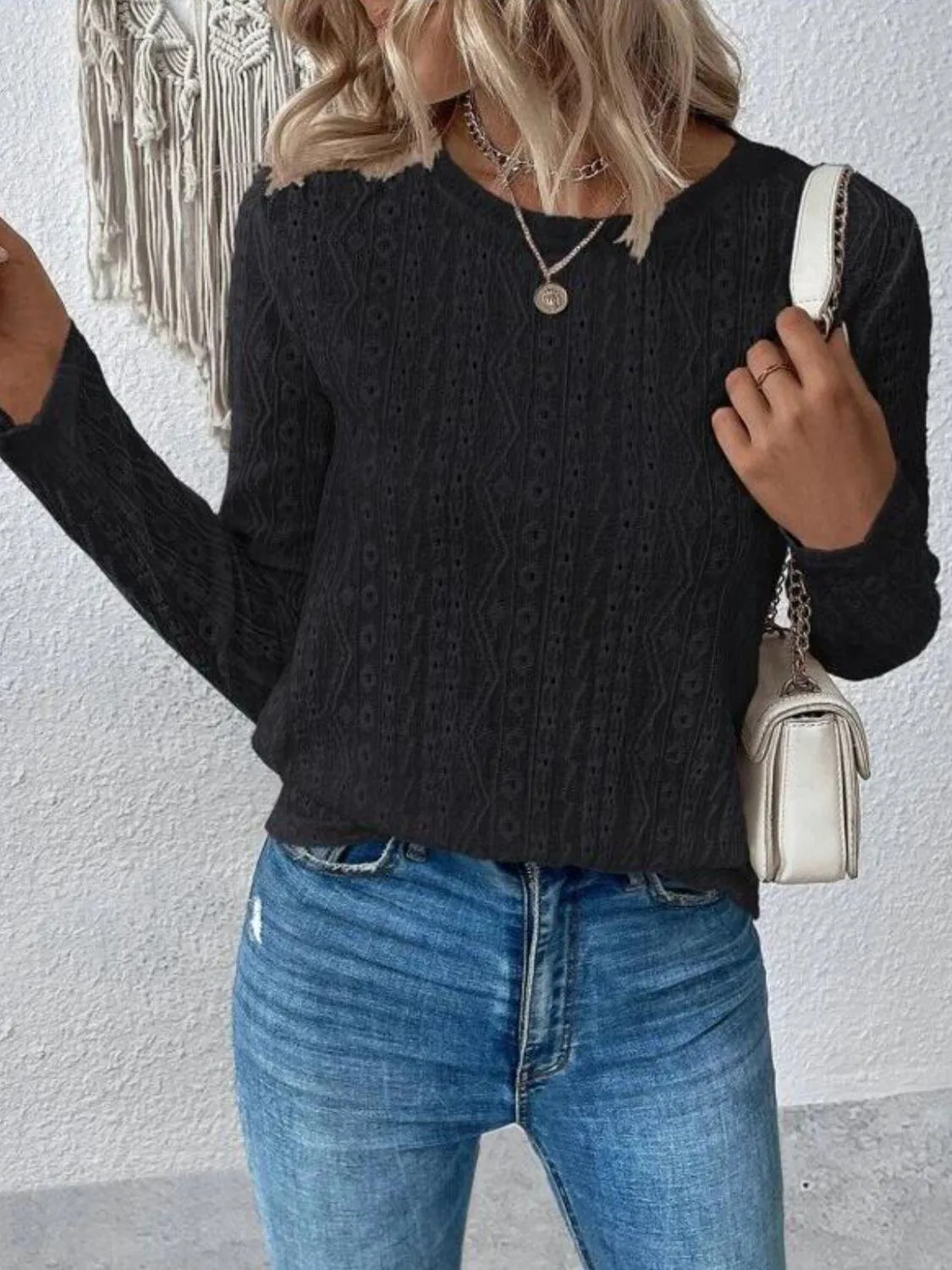 Calm And Comfy Crew Neck Eyelet Long Sleeve Top