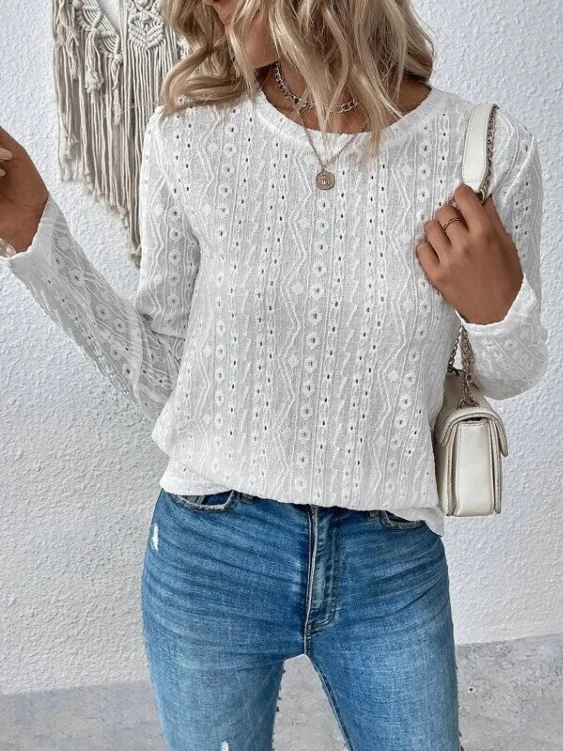 Calm And Comfy Crew Neck Eyelet Long Sleeve Top