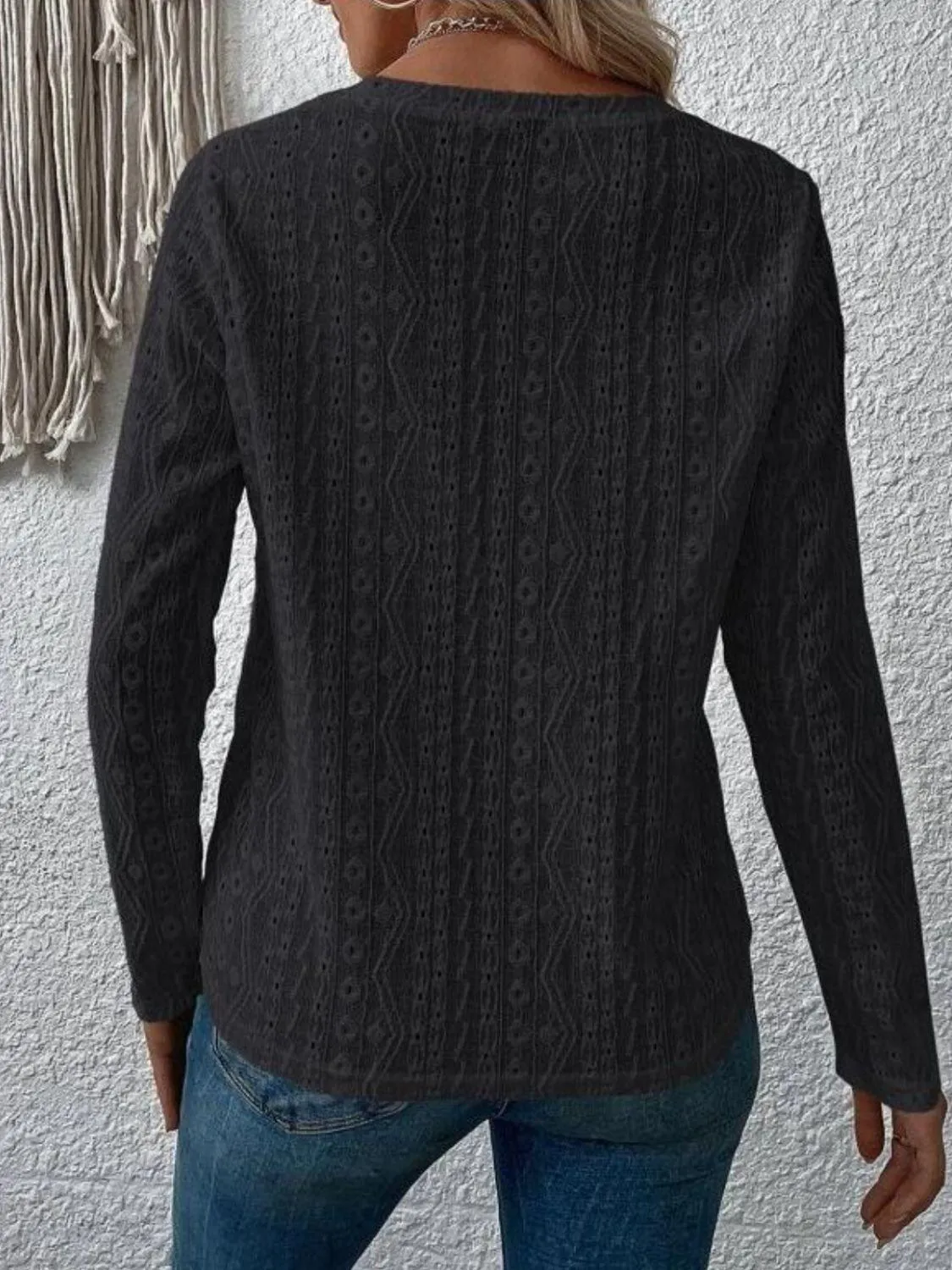 Calm And Comfy Crew Neck Eyelet Long Sleeve Top