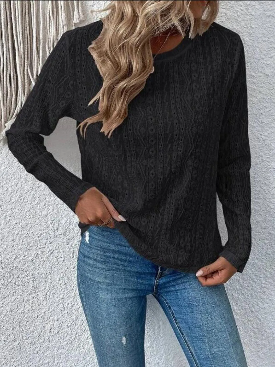 Calm And Comfy Crew Neck Eyelet Long Sleeve Top