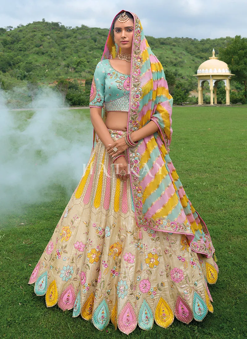 Cream Beige Multicolored Traditional Embroidery Bridal Lehenga Choli