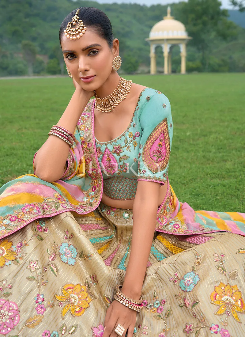 Cream Beige Multicolored Traditional Embroidery Bridal Lehenga Choli