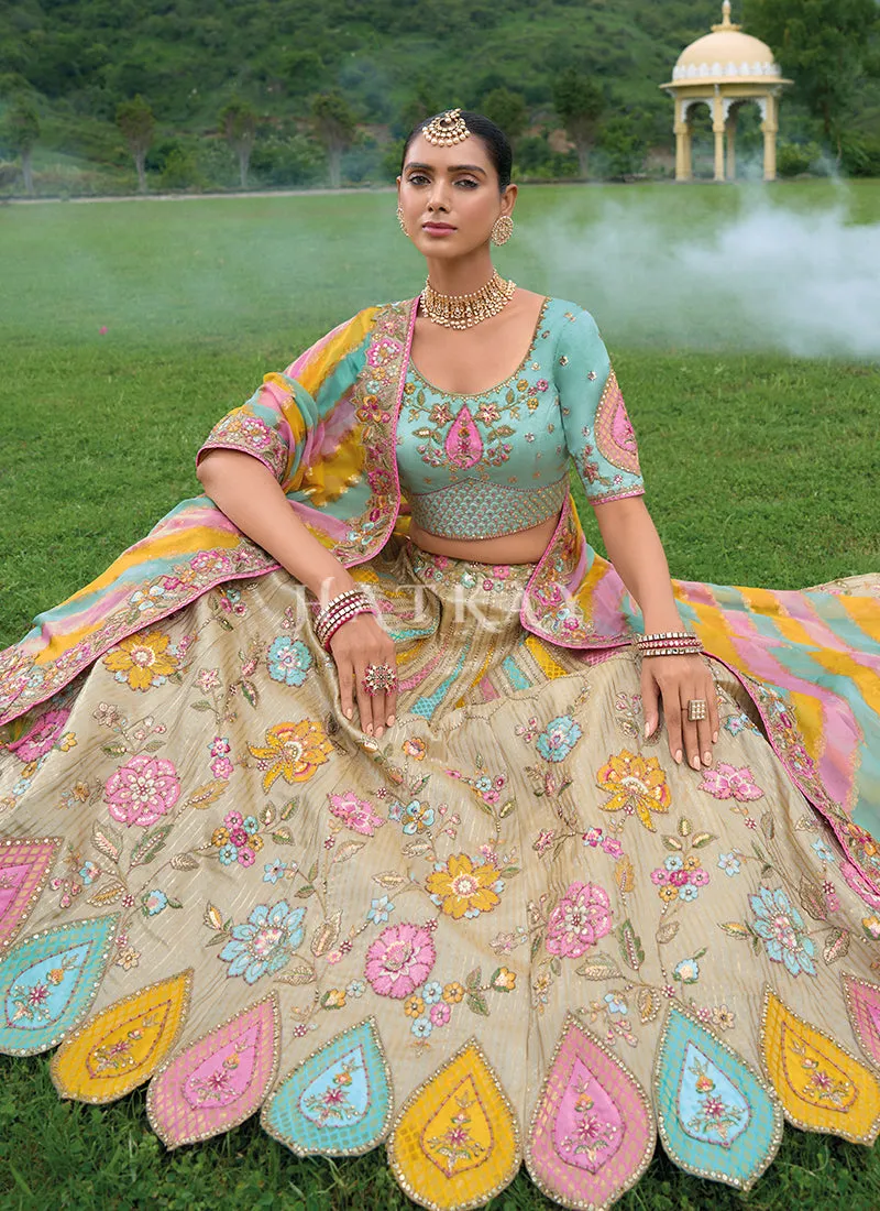 Cream Beige Multicolored Traditional Embroidery Bridal Lehenga Choli