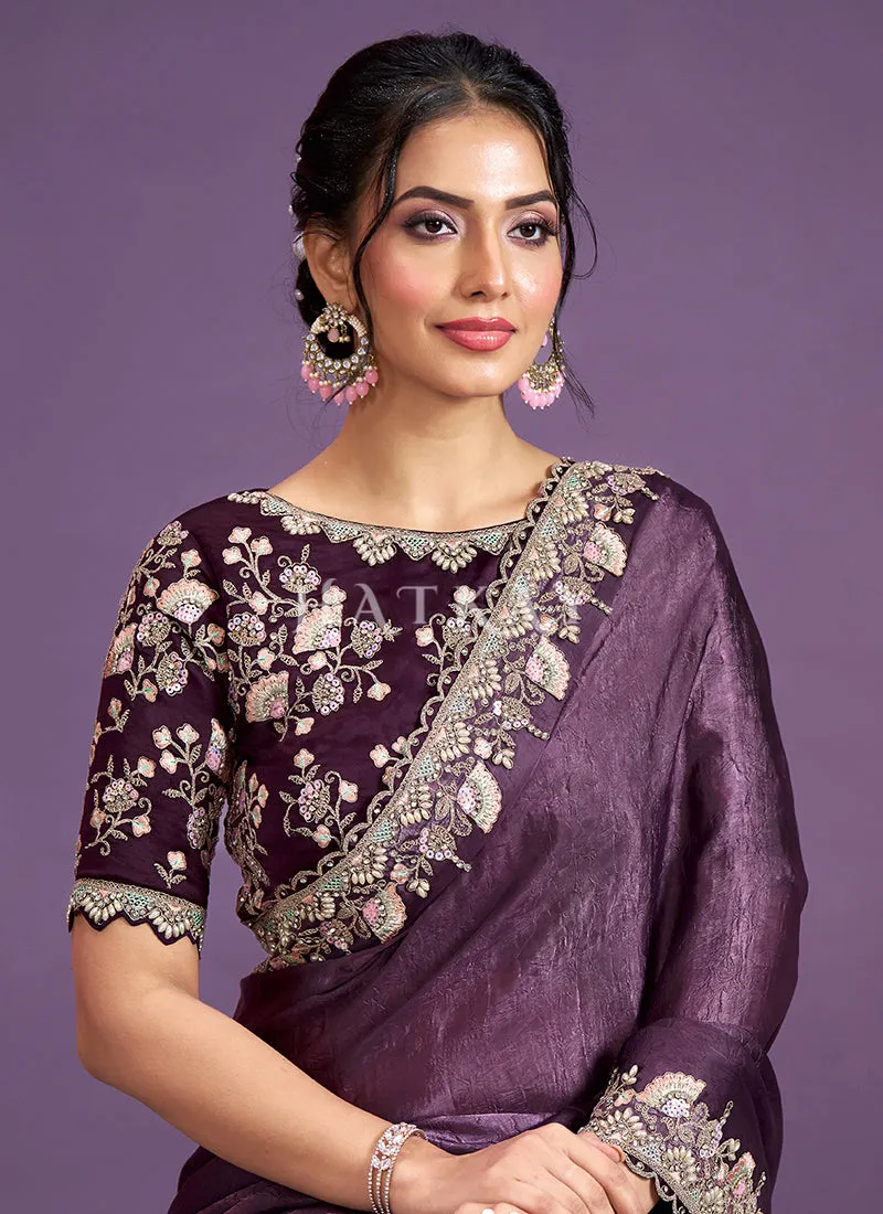 Deep Purple Embroidered Wedding Saree