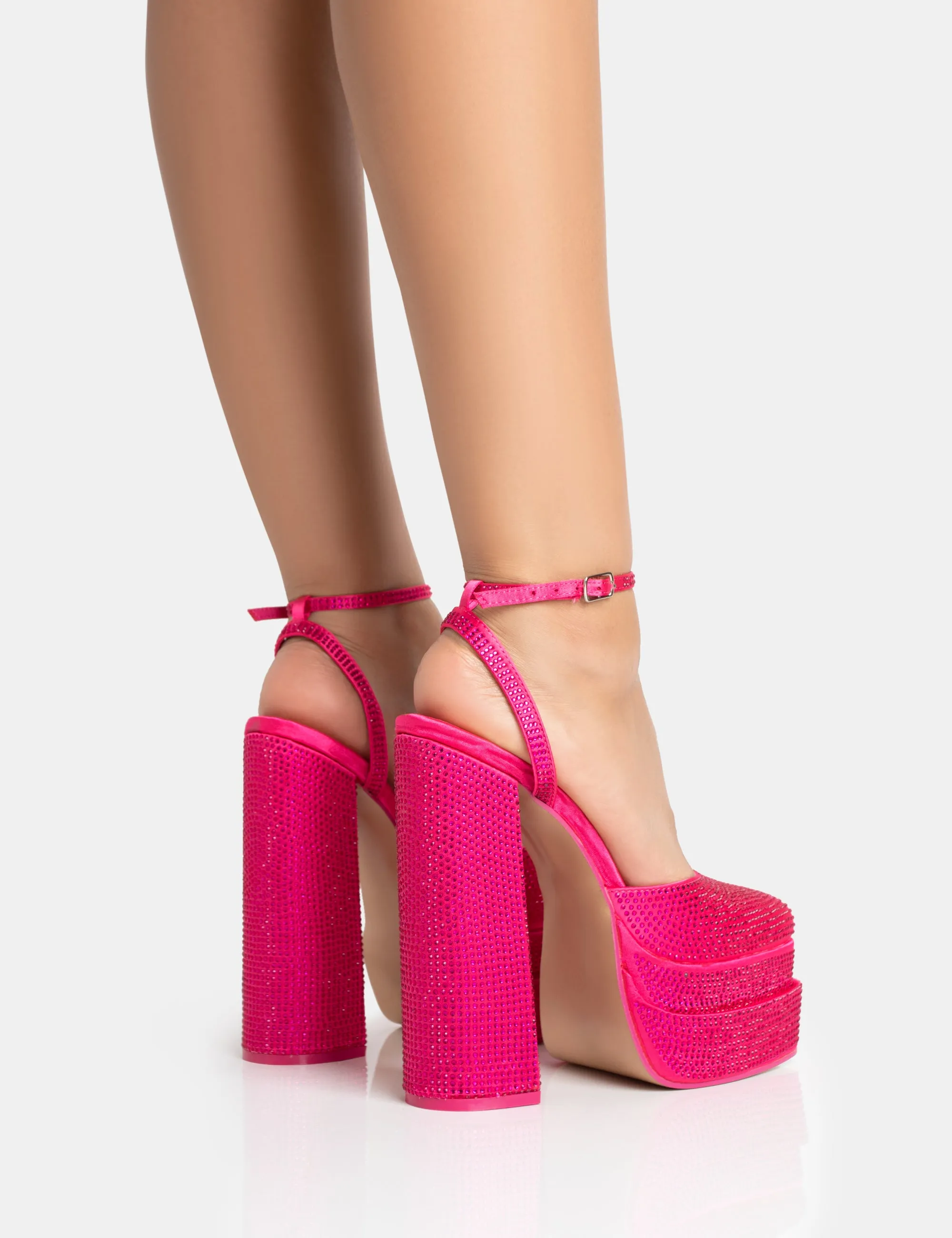Moonchild Wide Fit Pink Sparkly Diamante Satin Closed Toe Statement Platform Block Heels