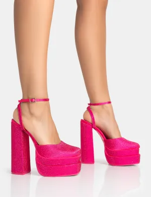 Moonchild Wide Fit Pink Sparkly Diamante Satin Closed Toe Statement Platform Block Heels