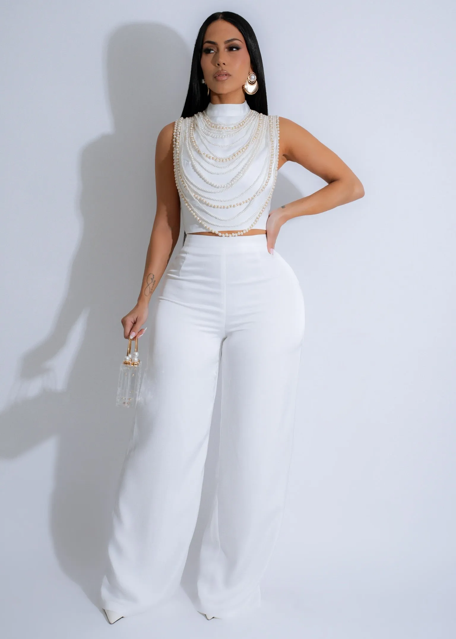 Opulent Cascade Satin Pearls Pant Set White
