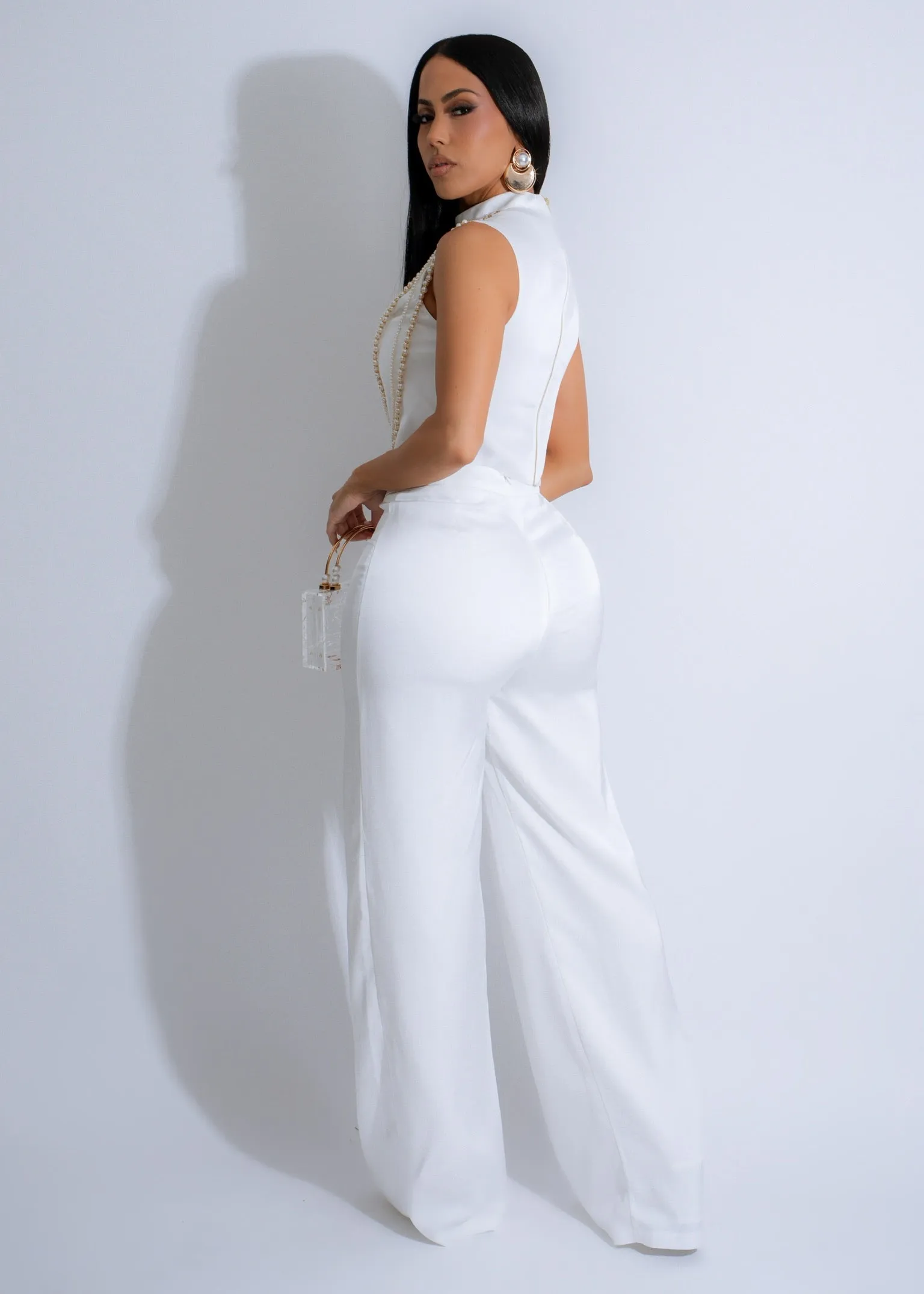 Opulent Cascade Satin Pearls Pant Set White