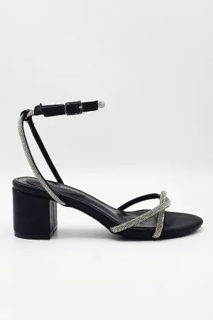 Sancia Diamante Knotted 2 Band Anklestrap Block Heels in Black