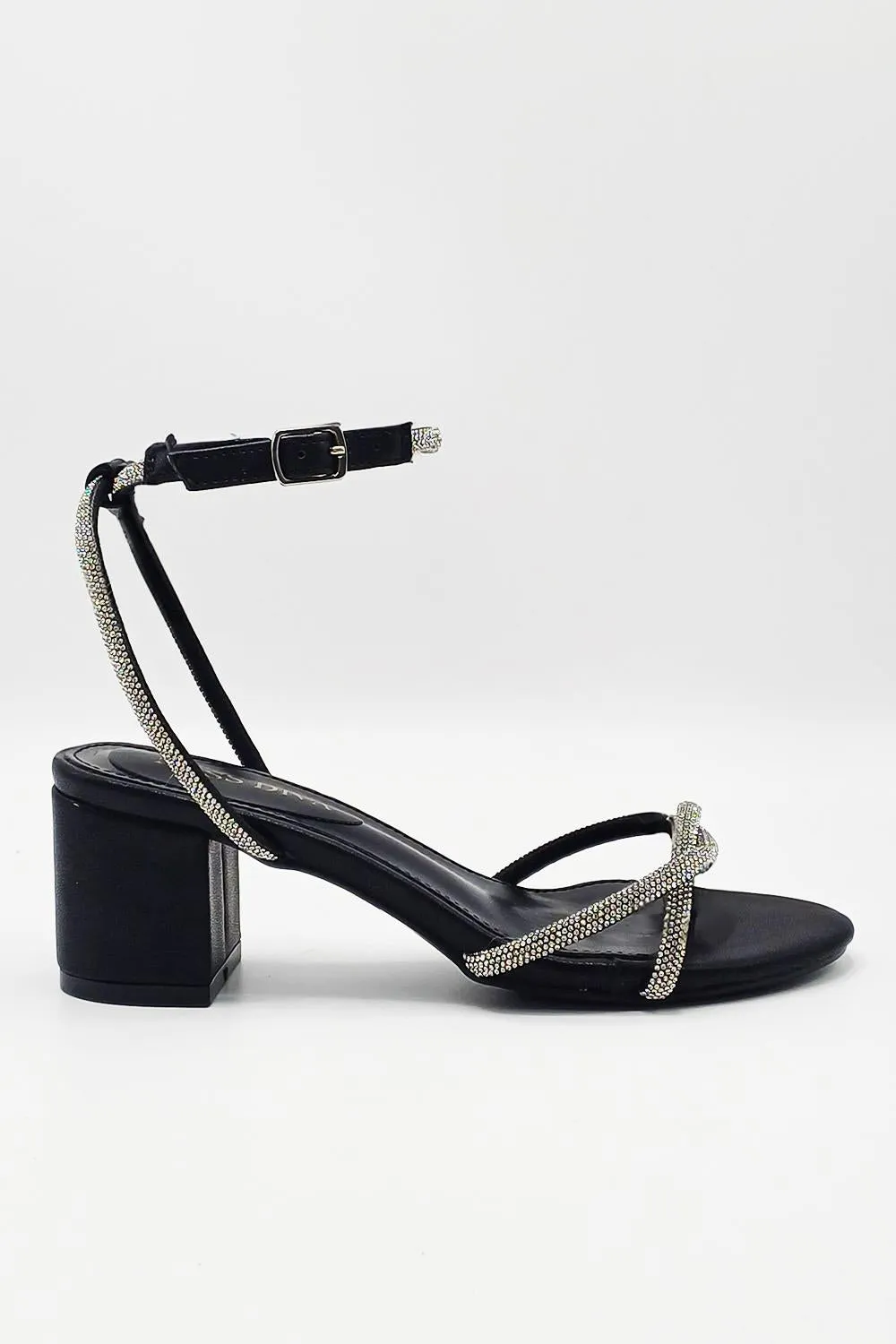 Sancia Diamante Knotted 2 Band Anklestrap Block Heels in Black