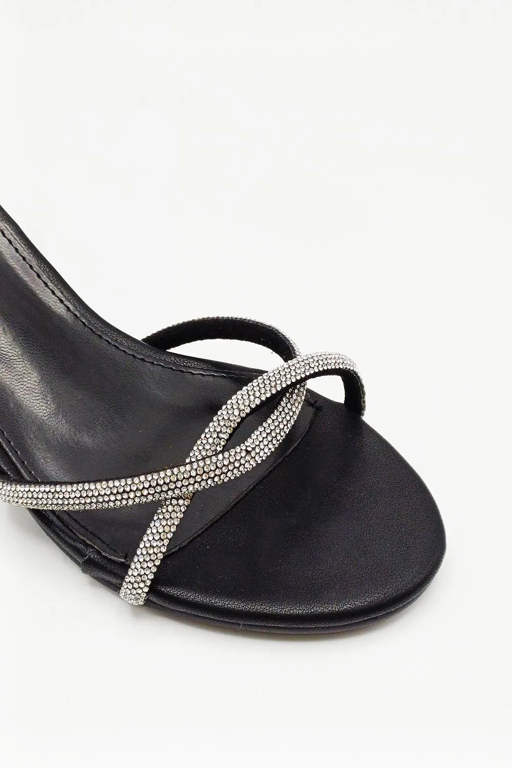 Sancia Diamante Knotted 2 Band Anklestrap Block Heels in Black