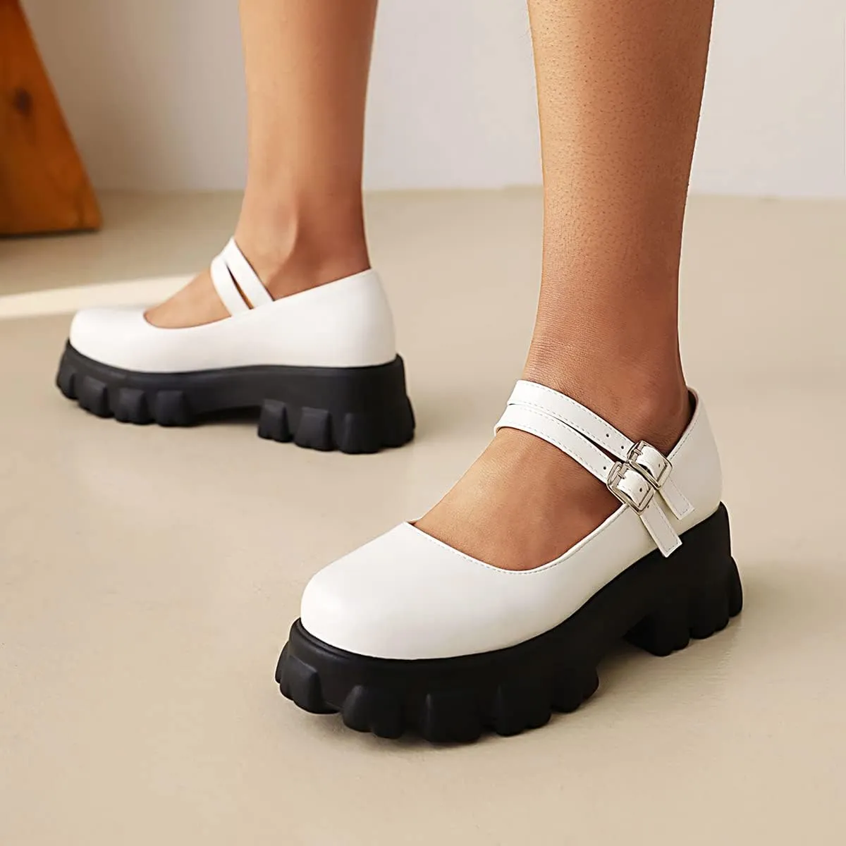 Scaoruki Women Fashion Loafers Platform Chunky Heels Slip on Shoes