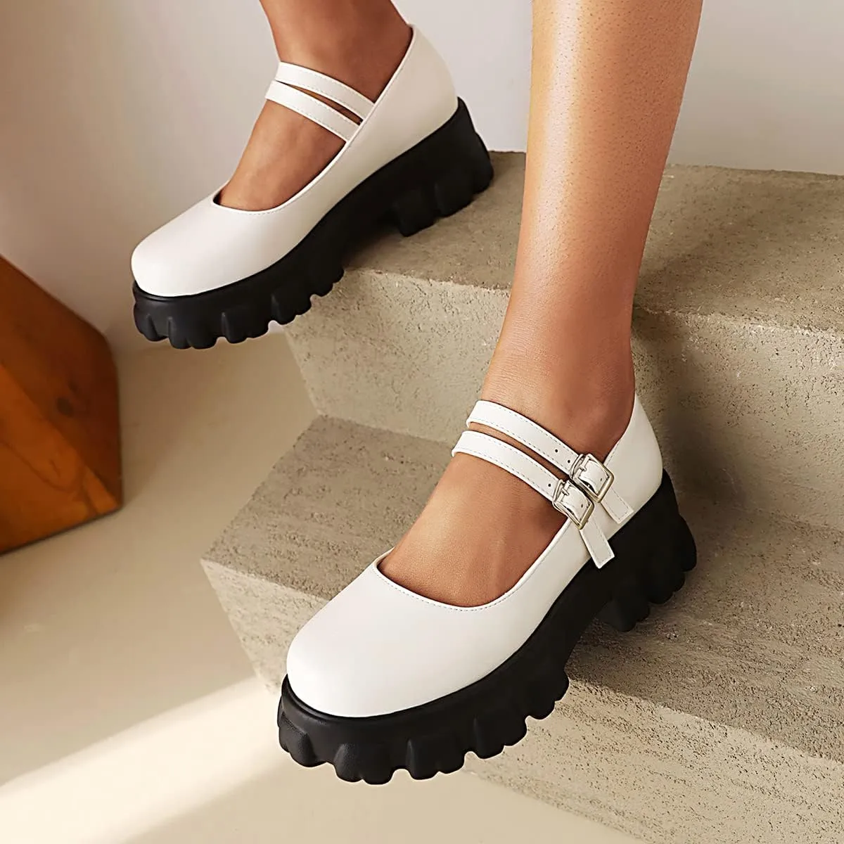Scaoruki Women Fashion Loafers Platform Chunky Heels Slip on Shoes