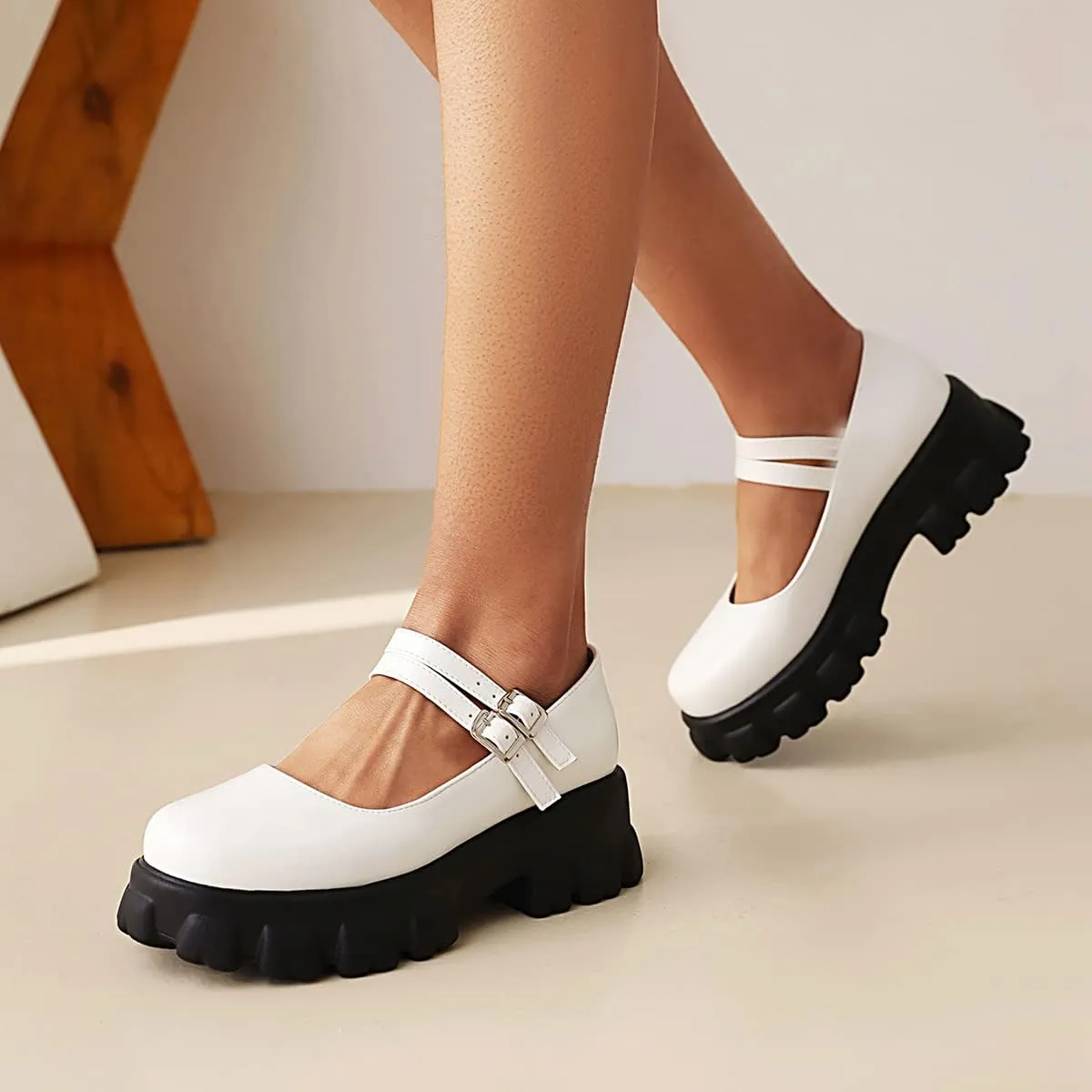 Scaoruki Women Fashion Loafers Platform Chunky Heels Slip on Shoes