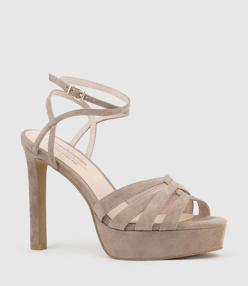 SYREN110 Ankle Wrap Platform Sandal in Nude Suede