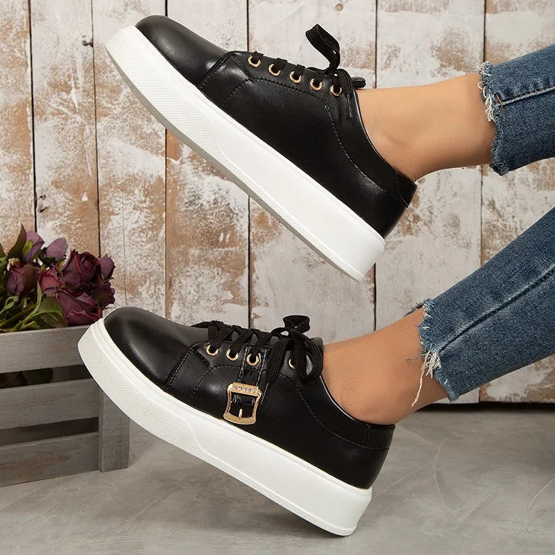 Women's Lightweight Round, Toe Lace-up Flats Shoes With Metal Buckle.