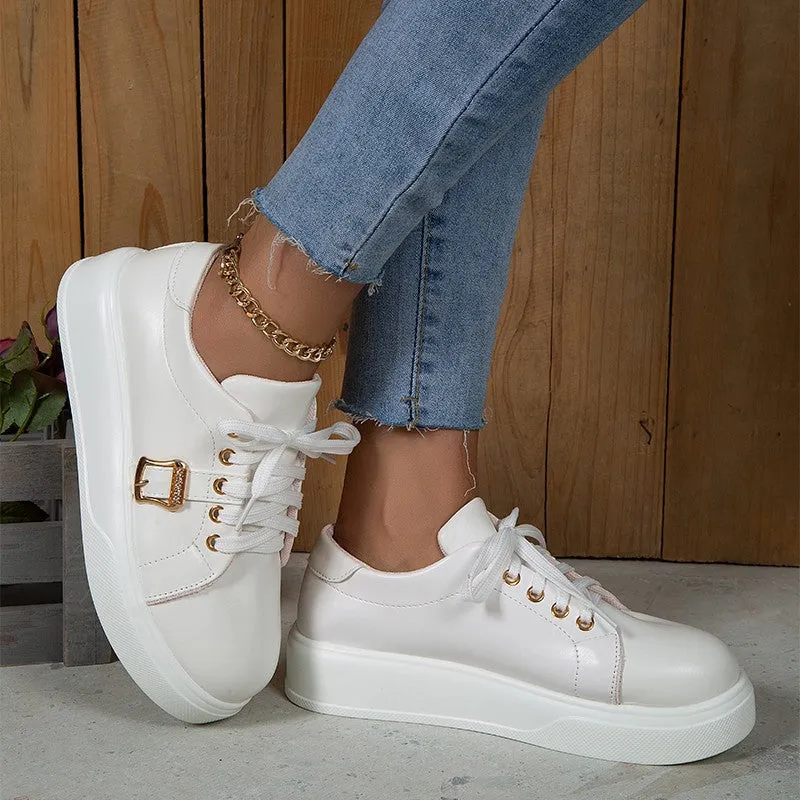 Women's Lightweight Round, Toe Lace-up Flats Shoes With Metal Buckle.