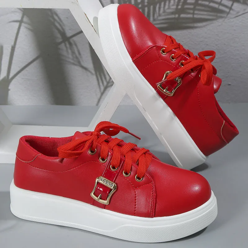 Women's Lightweight Round, Toe Lace-up Flats Shoes With Metal Buckle.