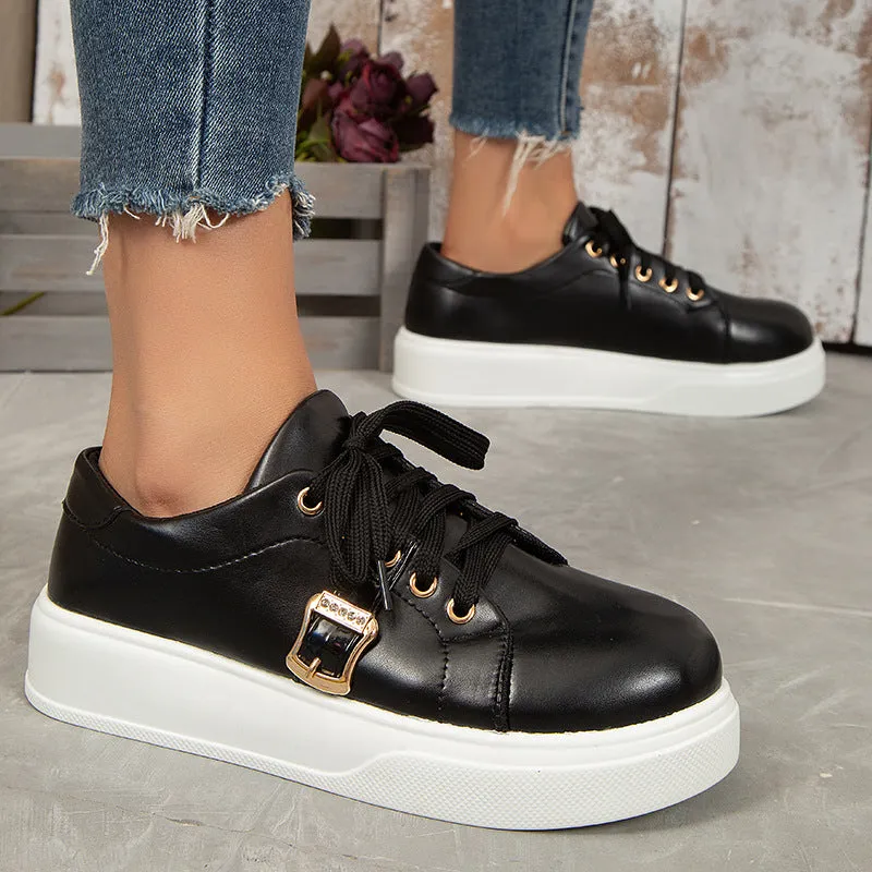 Women's Lightweight Round, Toe Lace-up Flats Shoes With Metal Buckle.