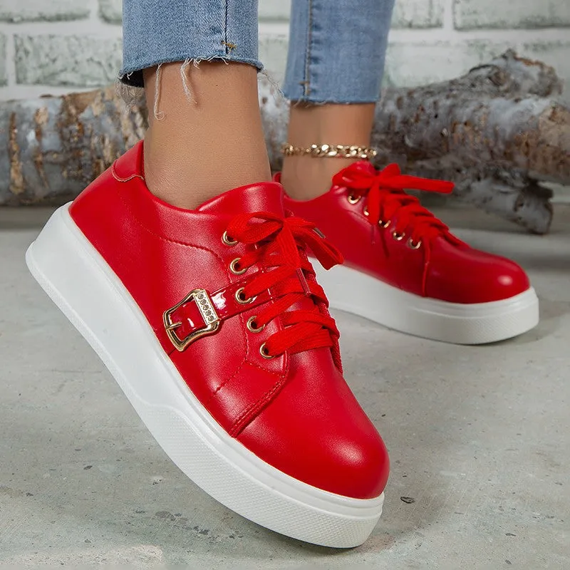 Women's Lightweight Round, Toe Lace-up Flats Shoes With Metal Buckle.