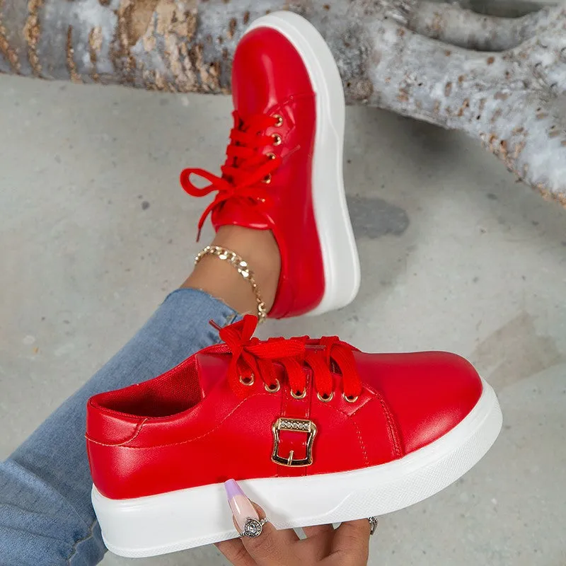 Women's Lightweight Round, Toe Lace-up Flats Shoes With Metal Buckle.