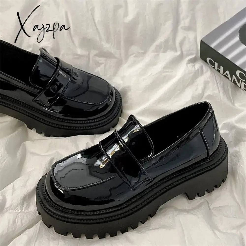 Xajzpa - Spring Leather Shoes For Women Loafers Platform Black Ladies Flats Shoes College Style Thick Sole Girls Casual Shoes Female 2023