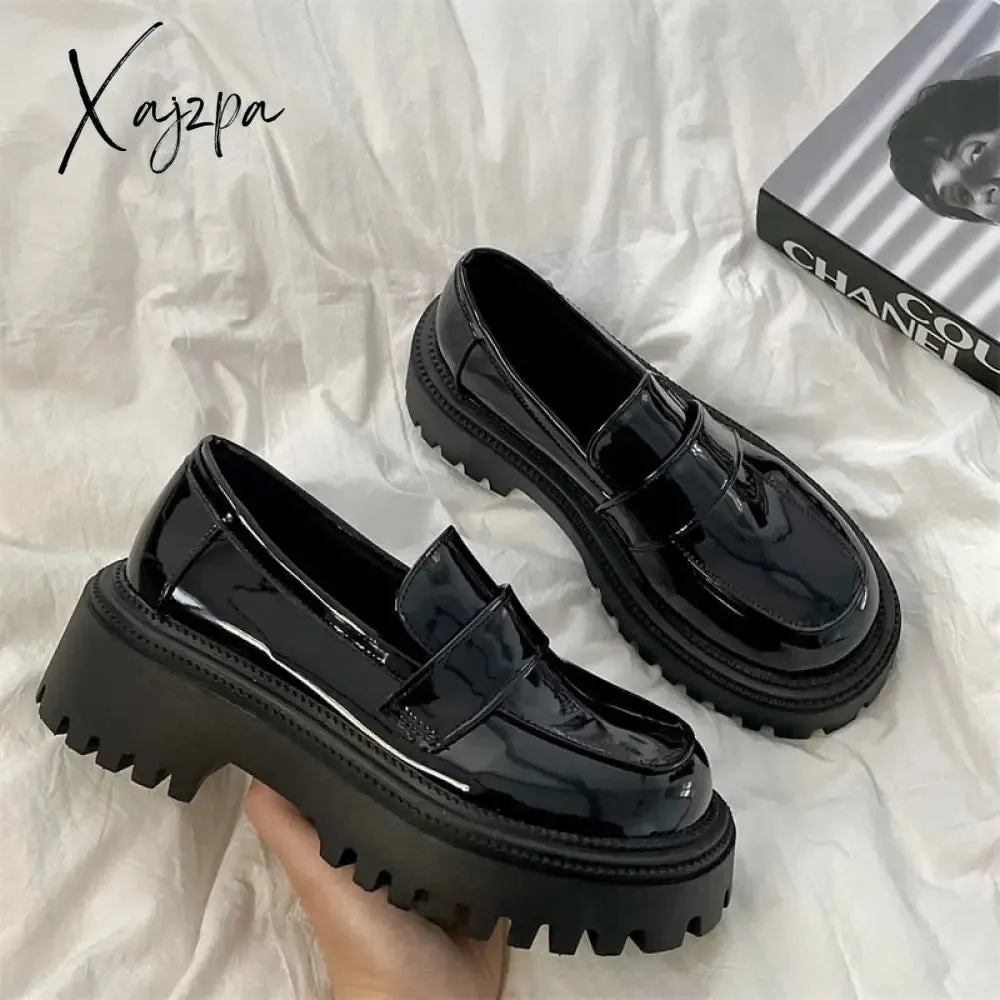 Xajzpa - Spring Leather Shoes For Women Loafers Platform Black Ladies Flats Shoes College Style Thick Sole Girls Casual Shoes Female 2023
